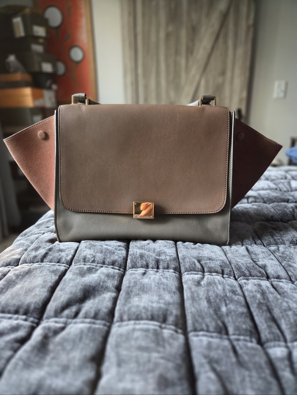 Celine Brown and Dark Brown Winged Leather Shoulder Bag
